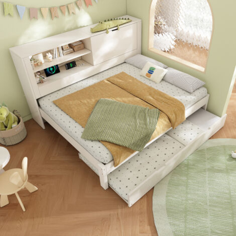Lit 140x190 cm avec lit gigogne 90x190, lit double avec dossier rangement, USB et sommier à lattes, blanc