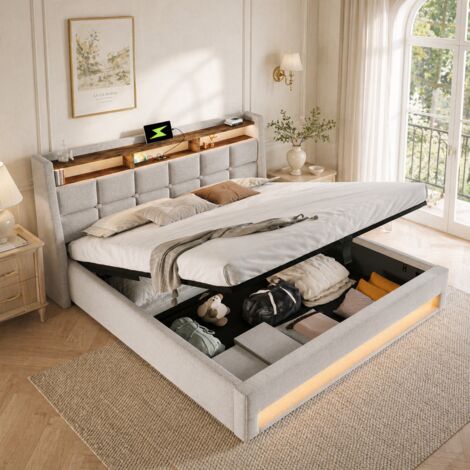 Lit coffre double 160x200 cm avec LED et USB, sommier métal, cadre de lit rembourré en tissu lin, sans matelas, beige (1/5)