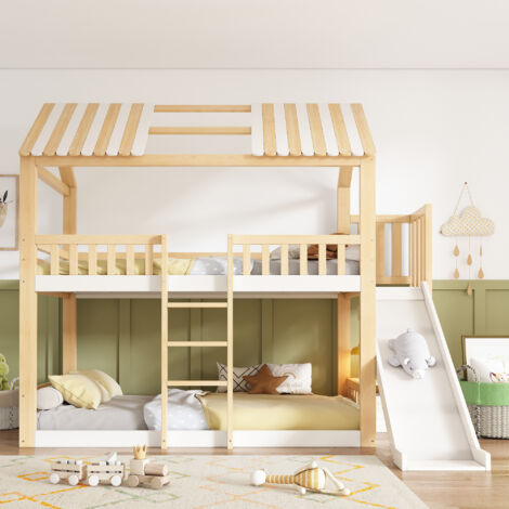 Lit superposé enfant 90x200 cm Lit cabane avec toboggan échelle sécurisée, certifié EN747, naturel