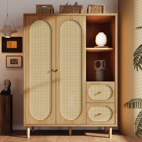 Armoire Penderie en Cannage Rotin 161x120x44 cm, 2 Portes avec  2 Tiroirs, tringle vêtements, Style Bohème Chic - Chêne