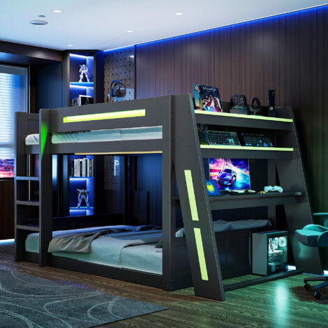 Lit mezzanine gaming 140x200 cm avec bureau - éclairage led - port usb et rangements - MDF+ Pin - Noir et vert (1/5)