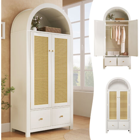 Armoire penderie avec Cannage en Rotin, 2 portes 2 tiroirs, étagère ouverte semi-ronde, fermeture magnétique, tringle vêtements, 181x78x45 cm, Blanc