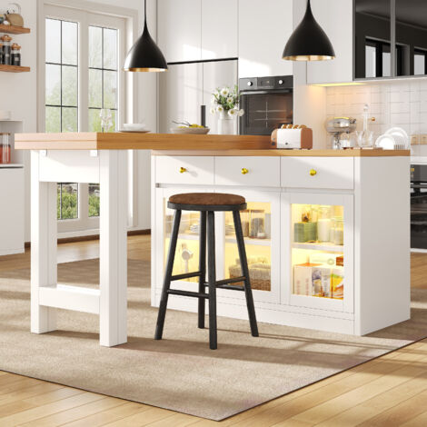 Îlot de cuisine extensible 120-200 x 40 x 75,5 cm avec éclairage LED, 3 tiroirs et portes vitrées, MDF,blanc