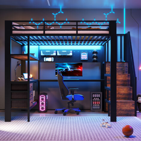 Lit mezzanine enfant Métal 140 x 200 cm avec éclairage LED - espace de rangement - 3 tiroirs- table - noir (1/5)