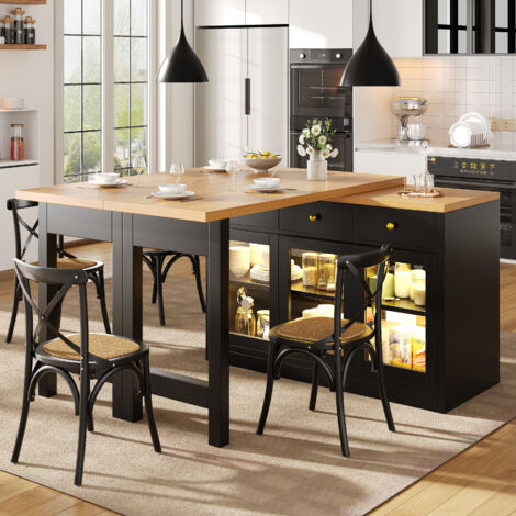 Îlot de cuisine extensible 120-200 x 40 x 75,5 cm avec éclairage LED, 3 tiroirs et portes vitrées, MDF,noir