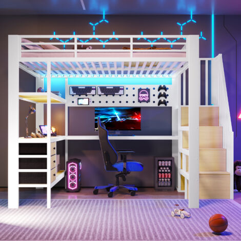 Lit mezzanine enfant Métal 140 x 200 cm avec éclairage LED - espace de rangement - 3 tiroirs- table - blanc (1/5)