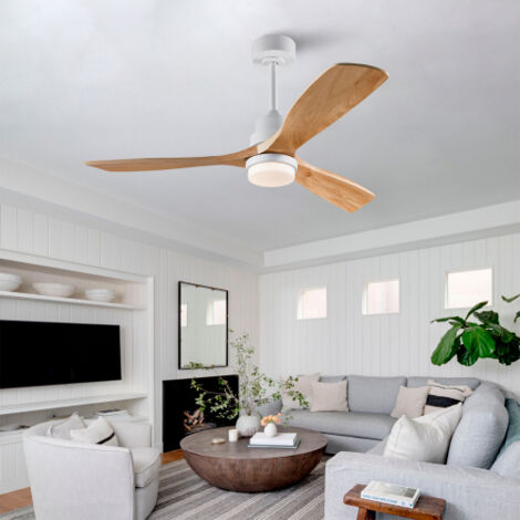 Ventilateur de plafond 132 cm avec lumière LED dimmable, télécommande, pales en bois massif, moteur DC silencieux, finition bois naturel