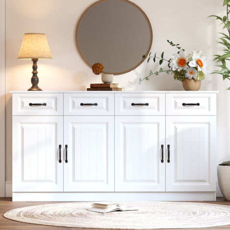 Buffet commode 160x35x80 cm, 4 tiroirs, 4 portes, 2 étagères, façade rainurée, 8 poignées métal, MDF, blanc (1/5)
