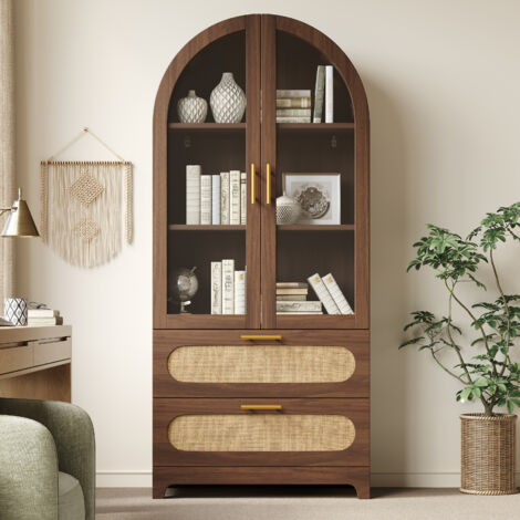 Vitrine 175 x 80 x 40 cm avec bibliothèque à 2 tiroirs et étagères réglables,arche de Montmartre, style rétro, MDF,noyer