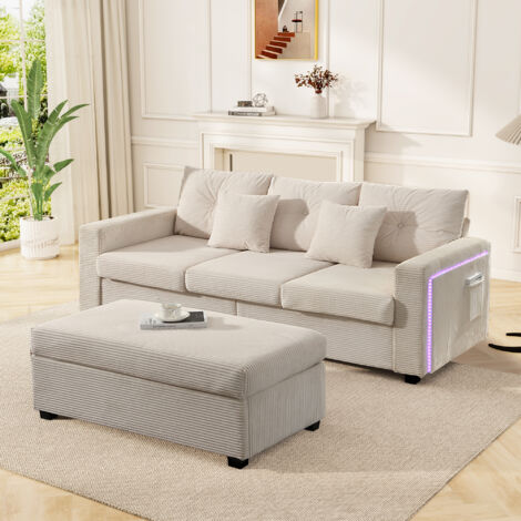 Canapé d’angle modulable 3 places beige avec LED, pouf ottoman amovible, 5 coussins inclus, assise moelleuse pour salon, 185x84.5x85.5 cm (1/5)