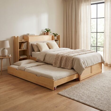 Lit gigogne extensible 90-180x200 cm avec étagères de rangement et prise USB intégrée, lit simple enfant avec tête de lit rembourrée, bois naturel