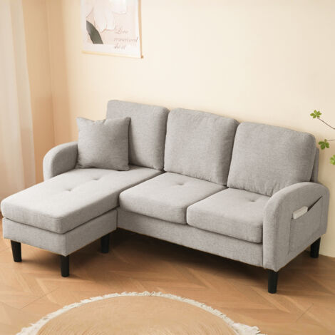 Canapé d’angle en L 3 places beige-gris avec méridienne, coussin et poche latérale, tissu coton-lin respirant, 166x118x77 cm, style moderne pour salon (1/5)