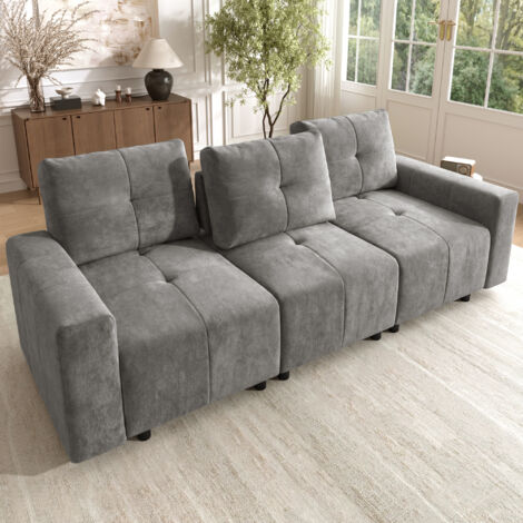 Canapé droit modulable 3 places 213 cm en chenille gris avec profondeur d’assise réglable jusqu’à 68 cm et dossier ajustable, fonction détente