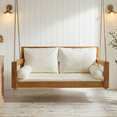 Balançoire de Jardin Suspendue 2 Places 136x63x65cm - Banquette Suspendue avec Coussins Amovibles et Lavables - Beige