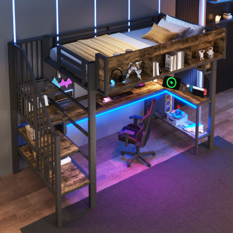 Lit Élevé 90x200cm - Avec Bureau, Prises USB & LED - Pour Enfant, Ado, Chambre - Noir (1/5)
