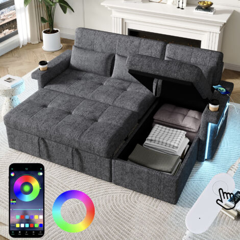 Canapé d'angle en L convertible en lit 209 x 141,5 x 90 cm, éclairage LED et ports USB, dossier réglable avec coussins et porte-gobelet, Gris (1/5)