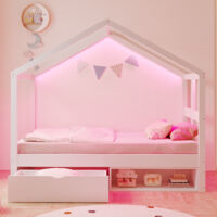 Lit Cabane Enfant 90×190 cm avec tiroirs et petit meuble à chaussures - éclairage LED - bois - blanc