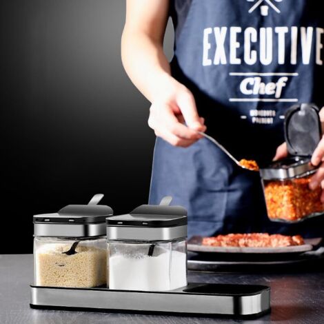 Brussels Lot De 8 Pots à Condiments En Plastique Avec Couvercle Et Cuillère Intégrée - Blanc - Sel, Épices, Sucre