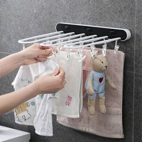Étendoir à linge mural pliable avec crochets, facile à installer et stable