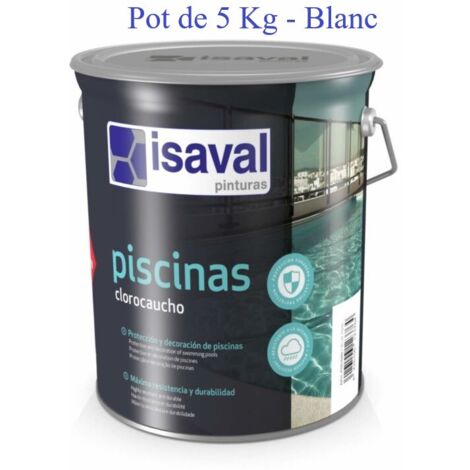 Peinture de piscine caoutchouc chloré 5kg – Finition mate – Couleur blanche – Monocouche – Pour extérieur – Rendement 10 m² – Isaval