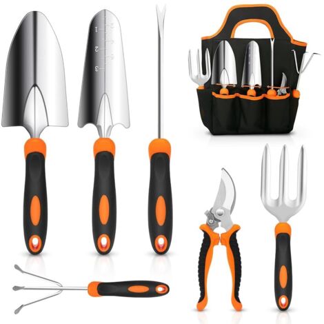 7 articles, sécateur, fourche de jardin, truelle, pelle, outil de désherbage, outil de semis, sac à outils (1/5)