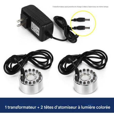 Humidificateur à ultrasons à 2 têtes, une à deux têtes d'atomisation à lumière colorée + transformateur, grand volume de brouillard (1/5)