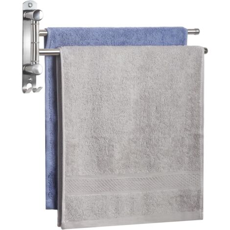 Porte-serviettes mural pour salle de bain, pivotant à 180°, en acier inoxydable, double tige pivotante, double tige argentée (1/5)