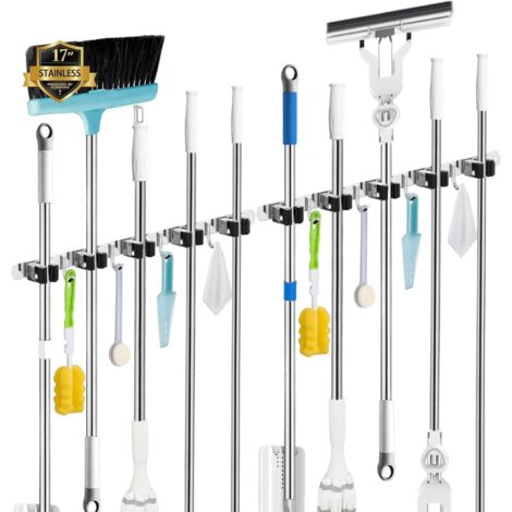 Lot de 2 supports 5 supports + 4 crochets Porte-balais mural, porte-balais mural sans perçage, rangement balai, argent (1/5)