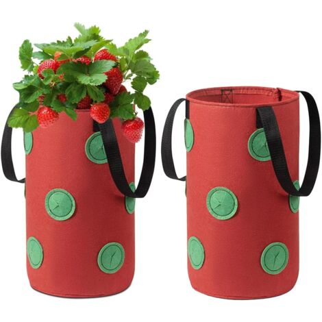 Lot de 2 sacs de culture suspendus pour fraises avec poignées et 12 trous pour planter des fraises, des légumes et des fleurs, rouge (1/5)