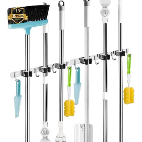 Lot de 2 supports 3 supports + 4 crochets Porte-balais mural, porte-balais mural sans perçage, rangement balai, argent (1/5)