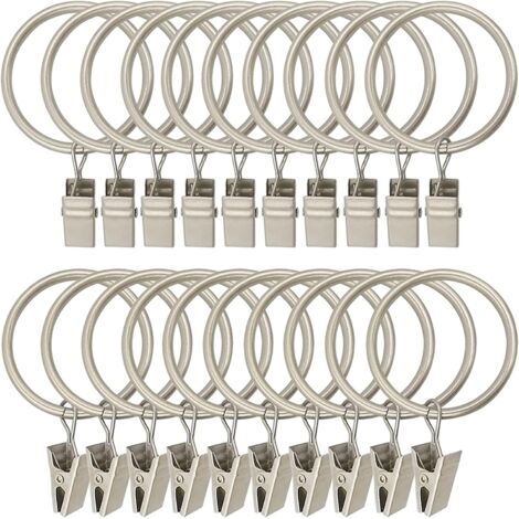 Lot de 30 anneaux de rideaux avec clips métalliques, antirouille, adaptés aux tringles à rideaux, argent, diamètre intérieur 32 mm (1/5)
