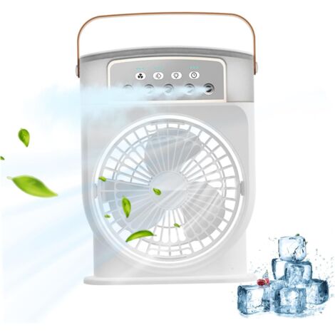 Refroidisseur d'air portable, ventilateur évaporatif avec 3 ventilateurs, mini ventilateur de bureau avec brumisateur et veilleuse, blanc (1/5)