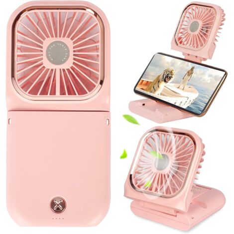 Mini ventilateur portable 5 en 1 avec batterie externe, chargement USB, 3 000 mAh, 3 vitesses réglables, tour de cou, rose (1/5)