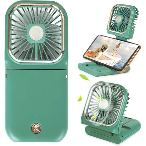 Mini ventilateur portable 5 en 1 avec batterie externe, chargement USB, 3 000 mAh, 3 vitesses réglables, tour de cou, vert (1/5)