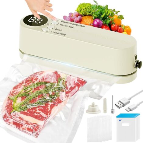 Machine à emballer sous vide multifonction rechargeable 3 en 1 avec 10 sacs sous vide pour le stockage des collations et des aliments, blanc cassé. (1/5)