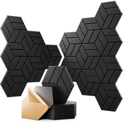 Panneaux muraux en mousse insonorisants autocollants, hexagonaux, haute densité, adaptés aux studios et bureaux, lot de 12 pièces (noir) (1/5)