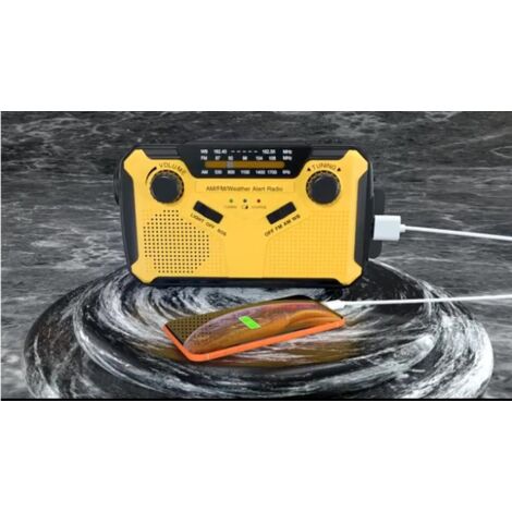 Radio FM/AM à manivelle, à piles, à énergie solaire, radio d'urgence avec alerte SOS/lampe de poche, jaune. (1/5)