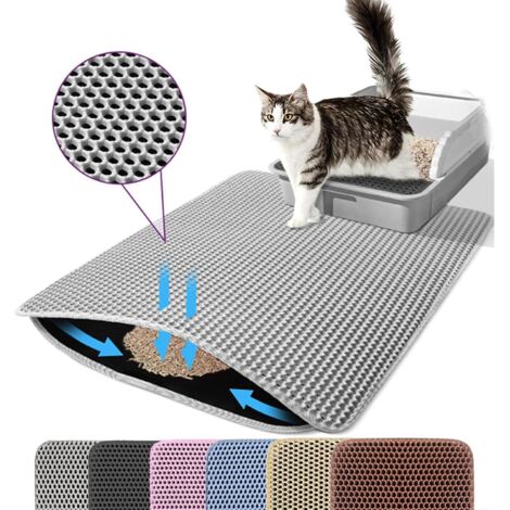 Tapis de litière pour chat, double couche, nid d'abeille, antidérapant, imperméable et anti-urine, accessoire pour chat, 3045 cm, gris (1/5)