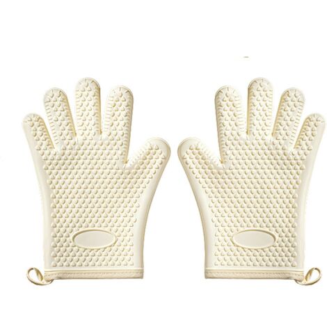 Gants de cuisine en silicone, résistants à la chaleur jusqu'à 300 °C, doublure douce, essentiels pour la cuisine, style cinq doigts (beige - 1 paire) (1/5)
