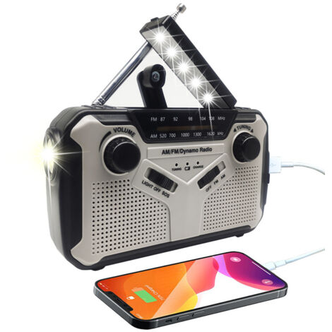 Radio FM/AM à manivelle, alimentée par batterie, alimentée par énergie solaire, radio d'urgence avec alarme SOS/lampe de poche, gris. (1/5)