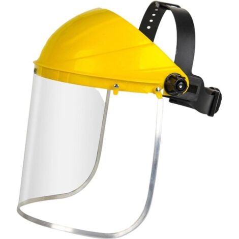 Écran facial de sécurité, visière légère et transparente avec serre-tête,  la coupe, le débroussaillage et les travaux de construction, jaune. (1/5)