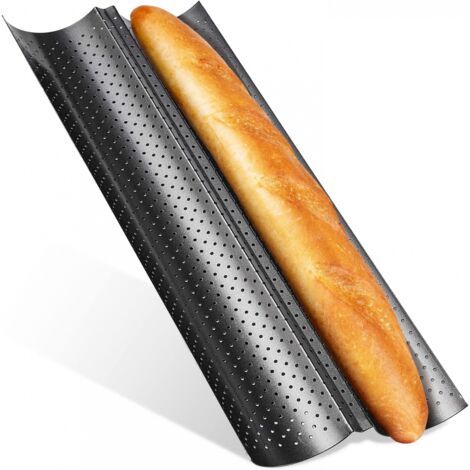 Moule à baguettes noir, moule à baguettes en acier au carbone, moule à pain allant au four, moule à baguettes perforé allant au lave-vaisselle, moule à baguettes, 2 compartiments (1 pièce) (1/4)