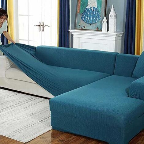 Housse élastique pour canapé d'angle - avec base élastique antidérapante, lavable en machine (1 ensemble, bleu, 4 places + 3 places)
