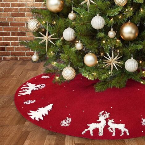 Jupe de sapin de Noël , jupe de sapin rustique épaisse en maille torsadée pour la décoration - Motif élan et sapin de Noël en 3D (122 cm, rouge) (1/5)