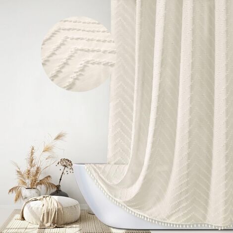 Rideau de douche en tissu tissé style ferme, texturé, à rayures et chevrons, minimaliste, pour salle de bain d'hôtel, 183 x 213 cm, beige. (1/5)