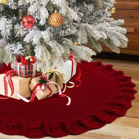 Grande jupe de sapin de Noël, couverture de sapin de Noël rouge de 92 cm, tapis de sapin de Noël,tapis rond de décoration de sapin de Noël tricoté 3D (1/5)