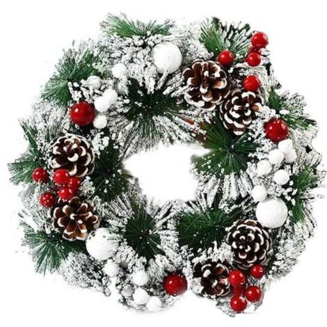 Couronne De Noel Artificielle Branches De Pin Verte Et Blanche Decoree De Pommes De Pin Et Grappes De Fete Collection De Noel 32Cm (1/5)