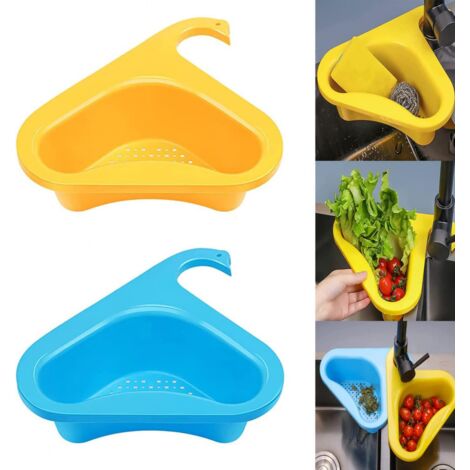 Passoire d'évier, panier passoire en plastique en deux parties, convient pour les fruits, les légumes et les restes, disponible en jaune et bleu. (1/5)
