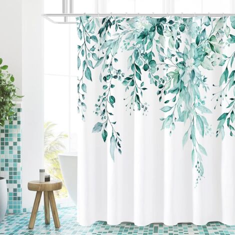 Rideau de douche à motif d'eucalyptus bleu-vert, feuilles et fleurs de plantes à l'aquarelle, 180×180 cm (1/5)