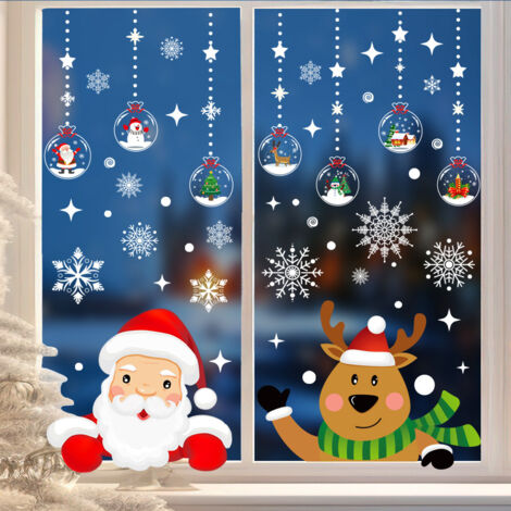 Autocollants décoratifs de Noël pour fenêtres, un ensemble de 4, contenant 86 motifs différents, dont le Père Noël et des rennes. (1/5)